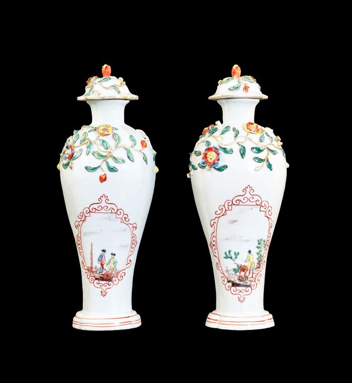 GG: Pair of Chinese soft paste porcelain vases with appliqué, Dutch decorated | MasterArt